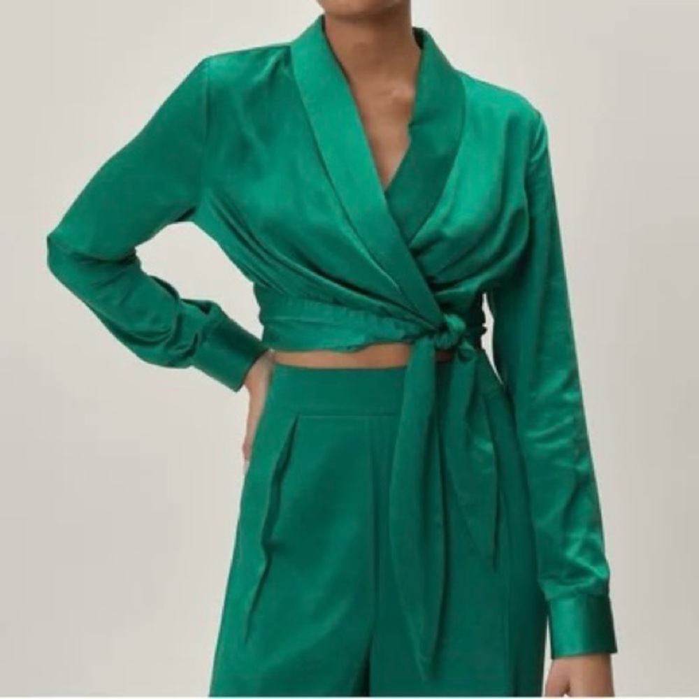 Nasty Gal Emerald Green Satin Wrap Top